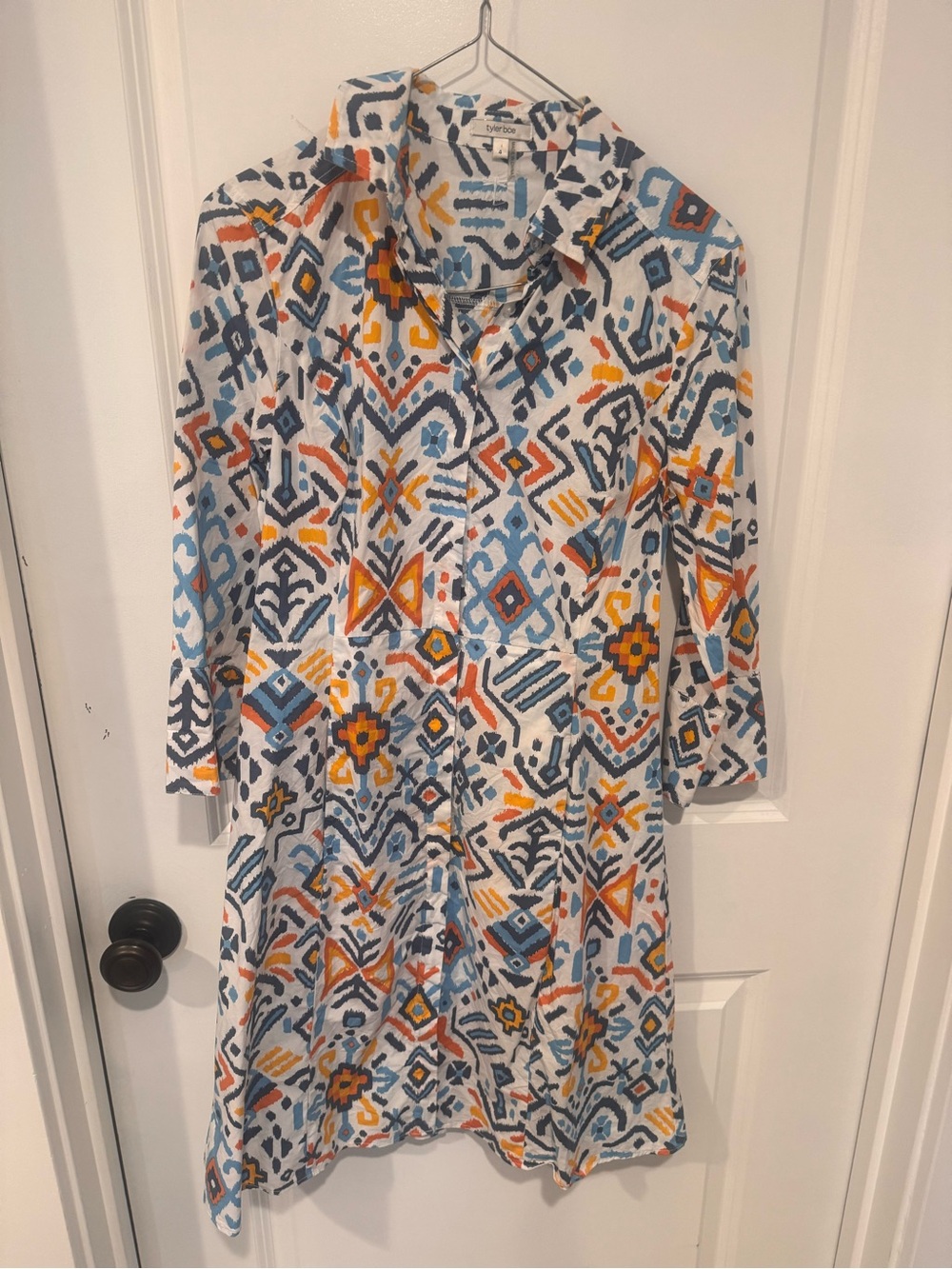 Tyler Boe White Midi Dress with Blue and Orange Geometric Print